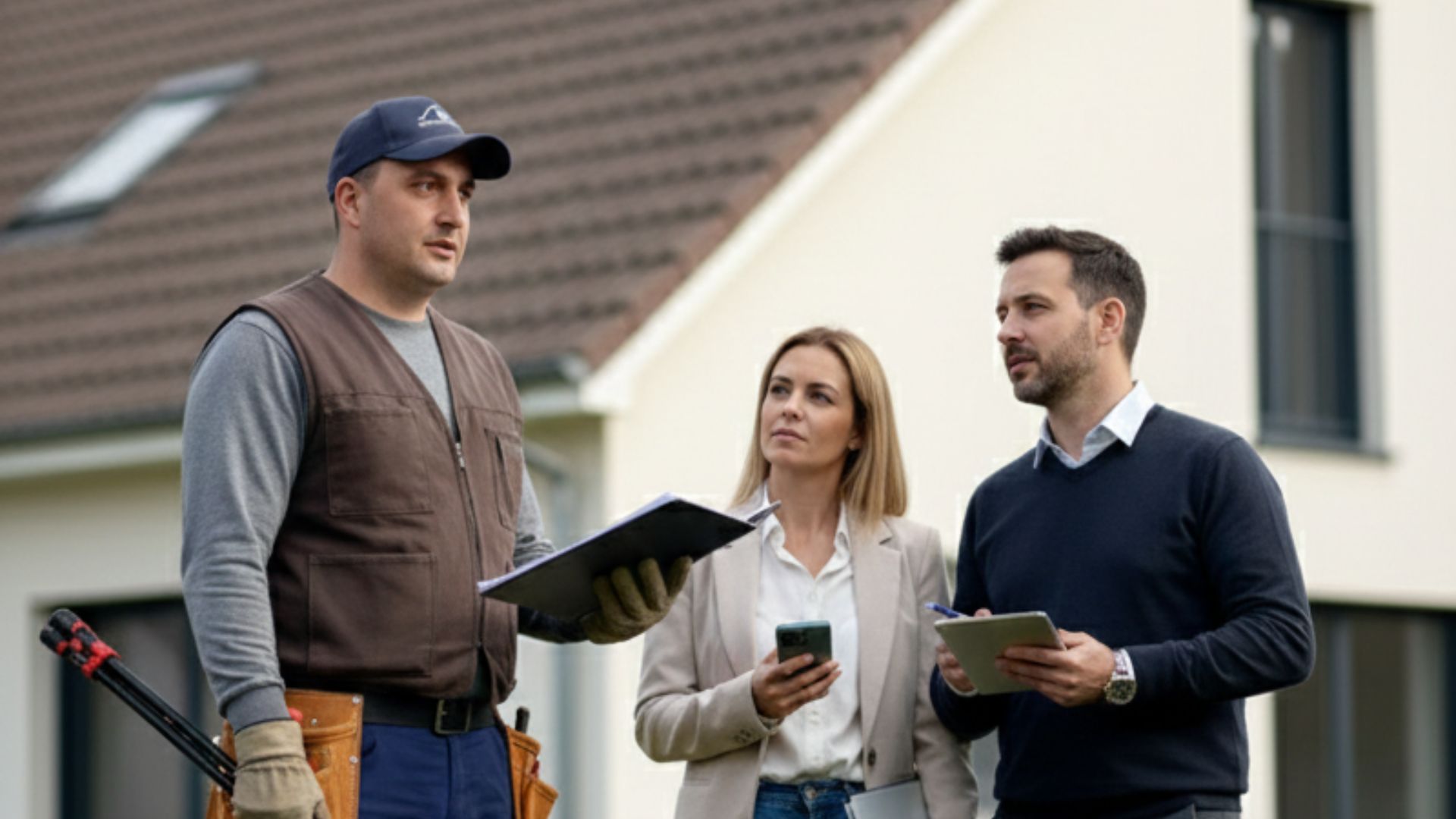 Couvreur RS Couverture présente le rapport de diagnostic toiture à un couple devant leur future maison
